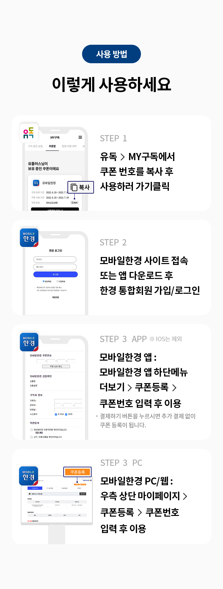 사용 방법 
이렇게 사용하세요 
STEP 1 유독> MY계정에서 쿠폰 번호를 복사 후 사용하러 가기클릭 
STEP 2 모바일한경 사이트 접속 또는 앱 다운로드 후 한경 통합회원 가입/로그인 
STEP 3 APP ※ IOS는 제외 모바일한경 앱 : 모바일한경 앱 하단메뉴 더보기 > 쿠폰등록 > 쿠폰번호 입력 후 이용 · 결제하기 버튼을 누르시면 추가 결제 없이 쿠폰 등록이 됩니다. 
STEP 3 PC 모바일한경 PC/웹 : 우측 상단 마이페이지 > 쿠폰등록 > 쿠폰번호 입력 후 이용