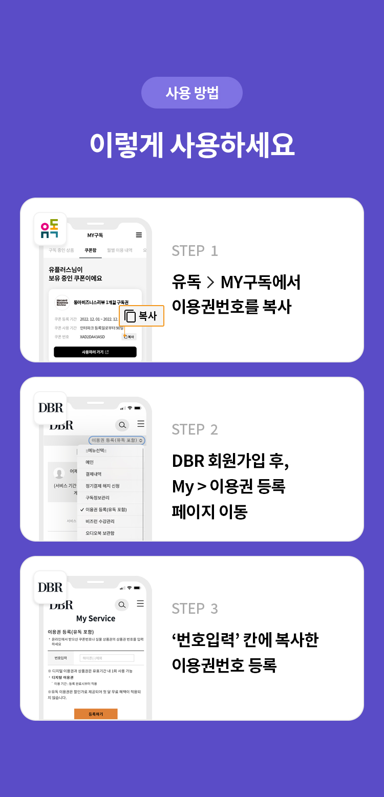 사용 방법 
이렇게 사용하세요 
STEP 1 유독> MY구독에서 이용권번호를 복사 
STEP 2 DBR 회원가입 후, My > 이용권 등록 페이지 이동 
STEP 3 '번호입력' 칸에 복사한 이용권번호 등록