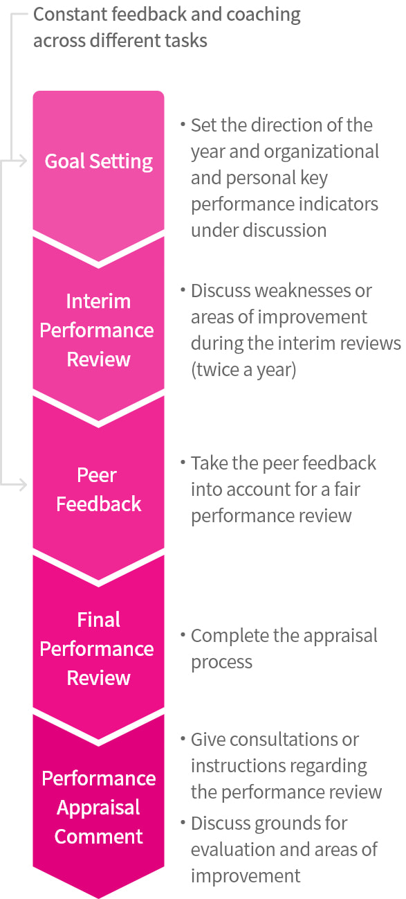 Goal Setting:Set the direction of the year and organizational and personal key performance indicators under discussion, Interim Performance Review:Discuss weaknesses or areas of improvement during the interim reviews (twice a year), Peer Feedback:Take the peer feedback into account for a fair performance review, Final Performance Review:Complete the appraisal process, Performance Appraisal Comment: Give consultations or instructions regarding the performance review, Discuss grounds for evaluation and areas of improvement