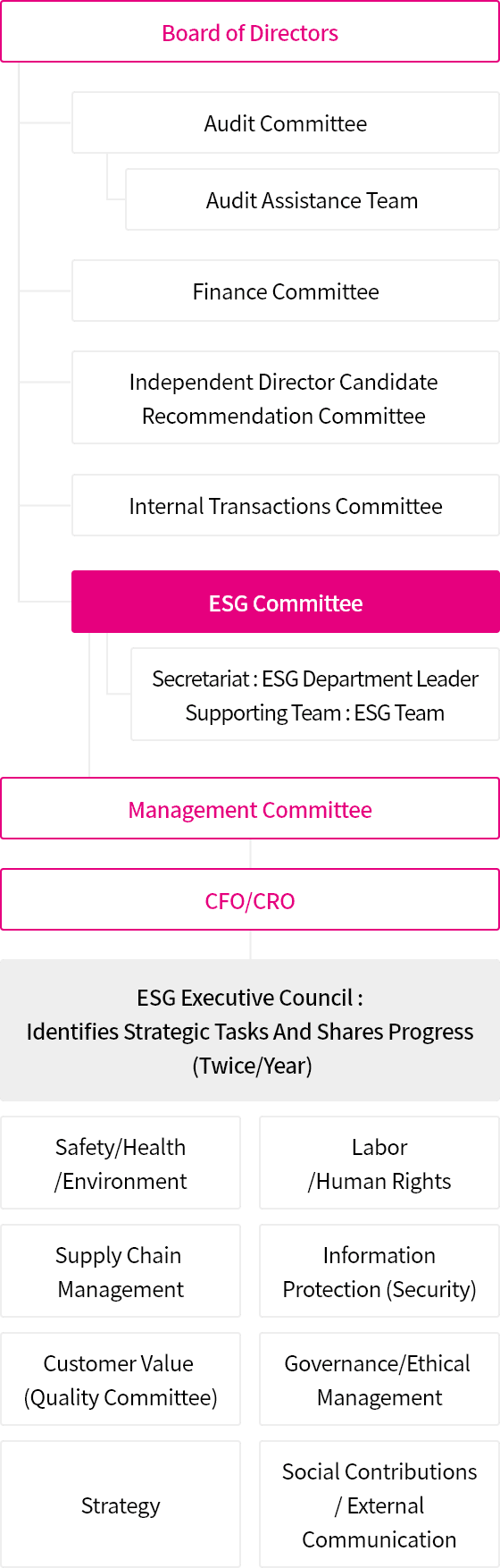 The ESG Committee belongs to the Board of Directors, Management Meeting, and CFO/CRO.
            The Board of Directors has five members: the Audit Committee (Audit
            Assistance Team), the Finance Committee, Independent Diretor Candidate
            Recommendation Committee, the Internal Transactions Committee, and
            the ESG Committee.
            Among these, the ESG Committee belongs to the following:
            1. Secretariat : Foreign strategy
            2. Support department: ESG Team
            The ESG executive council shares the selection and progress of ESG
            strategic tasks at twice a year, and related details are as follows.
            1. Safety/Health/Environment
            2. Labor/Human Rights
            3. Supply chain management
            4. Information protection (security)
            5. Customer Value (Quality Committee)
            6. Governance/ethical management
            7. Strategy
            8. Social contributions/external communication