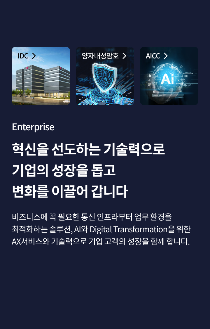 Enterprise, 혁신을 선도하는 기술력으로 기업의 성장을 돕고 변화를 이끌어 갑니다 - 비즈니스에 꼭 필요한 통신 인프라부터 업무 환경을 최적화하는 솔루션, AI와 Digital Transformation을 위한 AX서비스와 기술력으로 기업 고객의 성장을 함께 합니다.