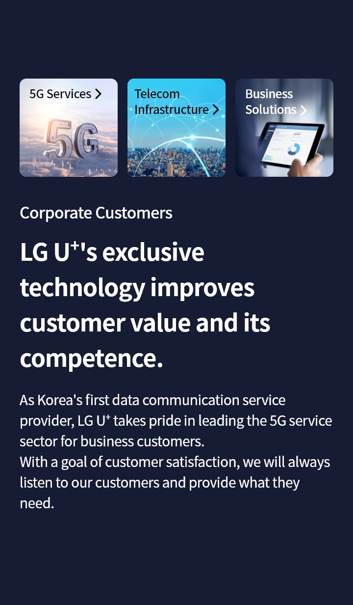 Corporate Customers : LG U+'s exclusive technology improves customer value and its competence. As Korea’s first data communication service provider, LG U+ takes pride in leading the 5G service sector for business customers.
With a goal of customer satisfaction, we will always listen to our customers and provide what they need.
