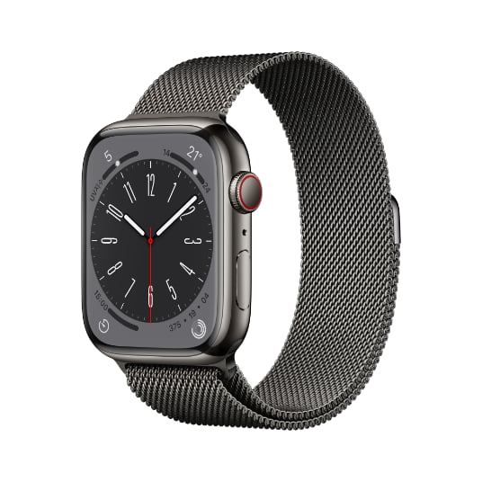 첫번째 Apple Watch Series8_스탠_밀레니즈루프_45 단말 그라파이트 좌측 사선 이미지