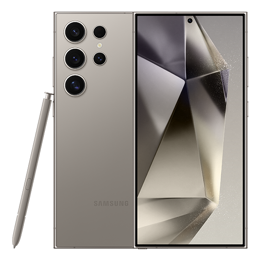 첫번째, 갤럭시 S24 울트라 티타늄 블랙 후면/전면 겹쳐진 휴대폰과 펜 이미지