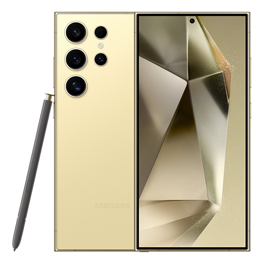 첫번째, 갤럭시 S24 울트라 티타늄 옐로우 후면/전면 겹쳐진 휴대폰과 펜 이미지