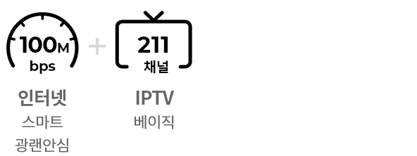 인터넷 스마트광랜안심 100Mbps,  IPTV 베이직 211채널 결합상품 - 부담없는 요금으로 가볍게!