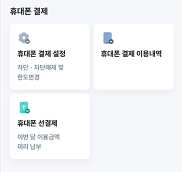 휴대폰 결제 메뉴 화면 이미지 : 휴대폰 결제 설정-차단·차단해제 및 한도변경, 휴대폰 결제 이용내역, 휴대폰 선결제-이번 달 이용금액 미리 납부
